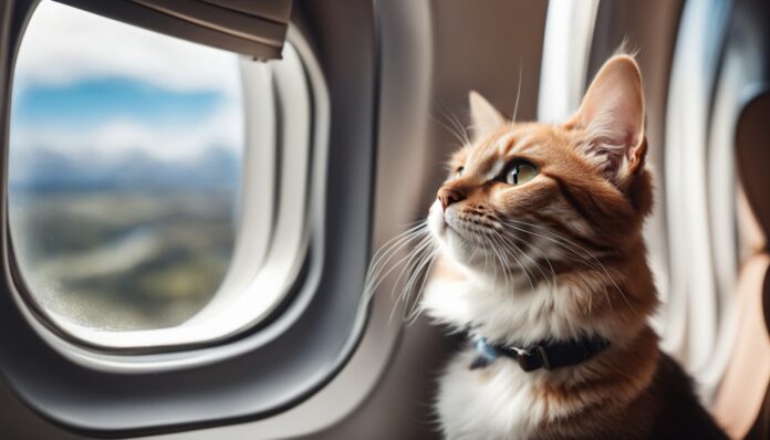 Gato laranja olhando pela janela do avião durante voo.